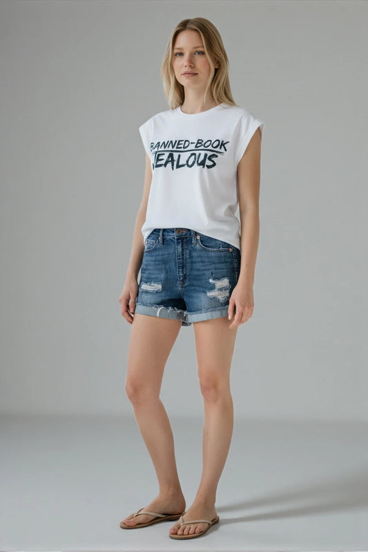Models wearing BANNED-BOOK JEALOUS progressive library muscle tee and jean shorts