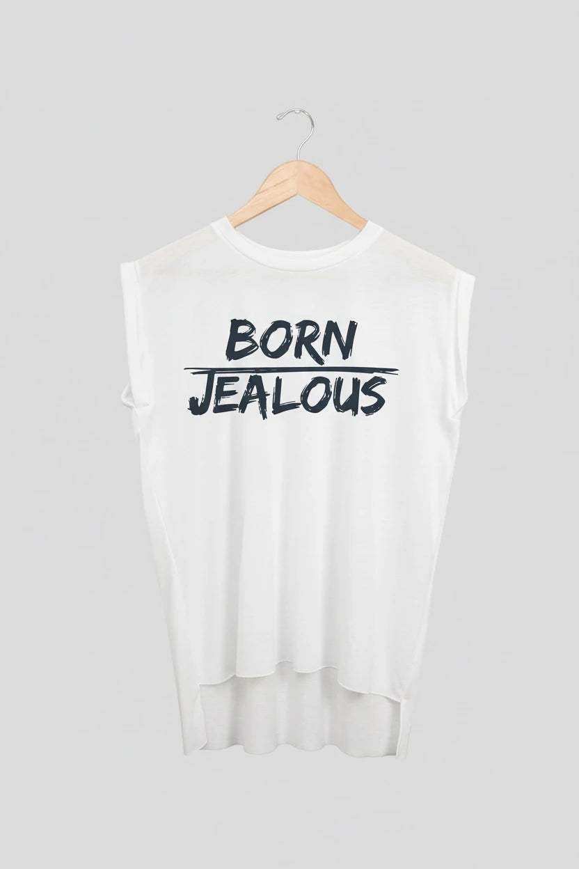 Jealous Tee muscle t-shirt on hanger – BORN JEALOUS design by JealousTee