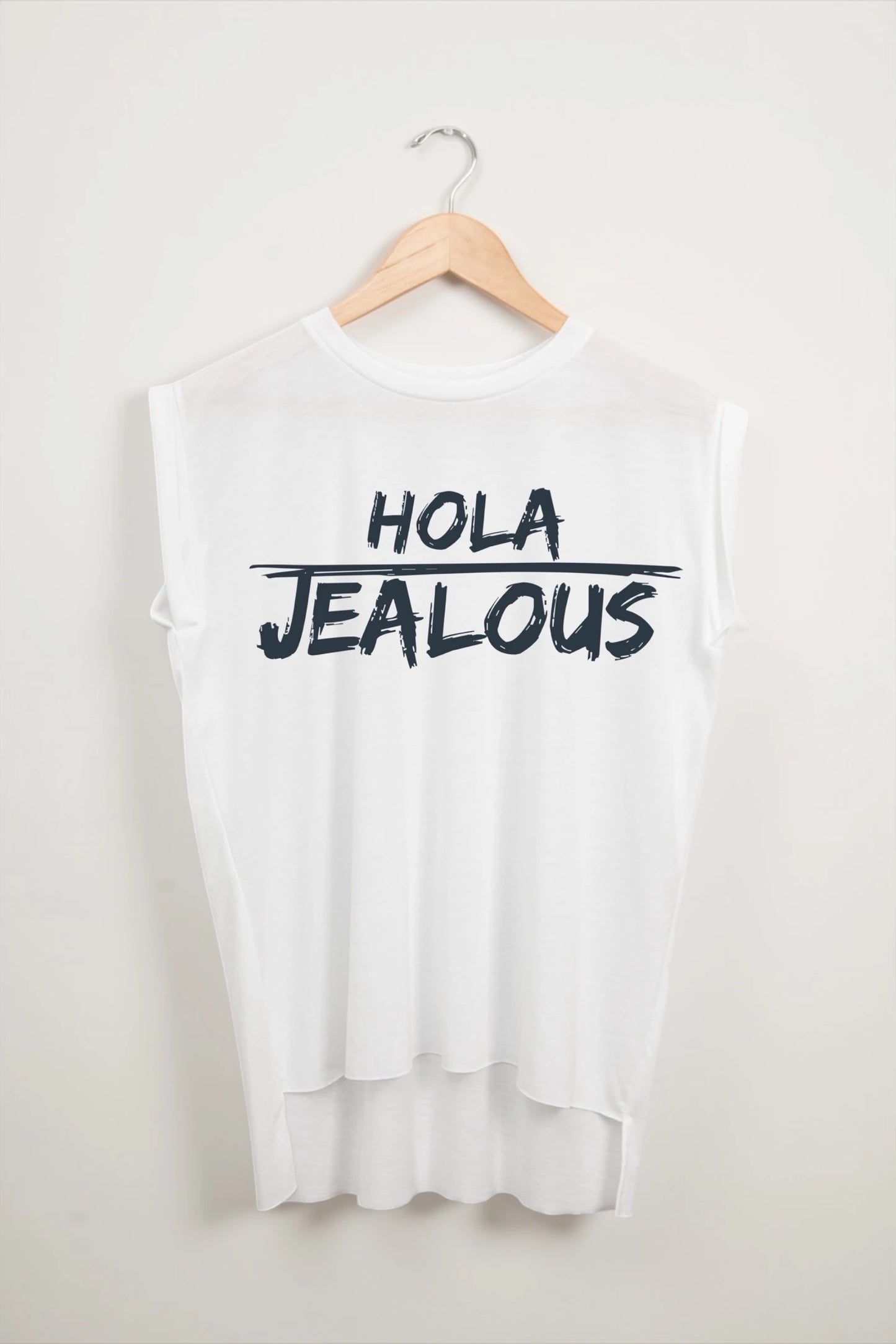 Jealous Tee muscle t-shirt on hanger – HOLA JEALOUS design by JealousTee
