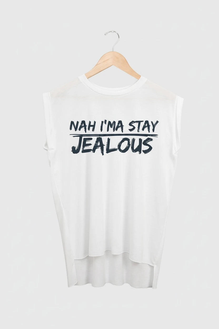 Jealous Tee yoga muscle t-shirt on hanger – NAH IM A STAU JEALOUS design by JealousTee