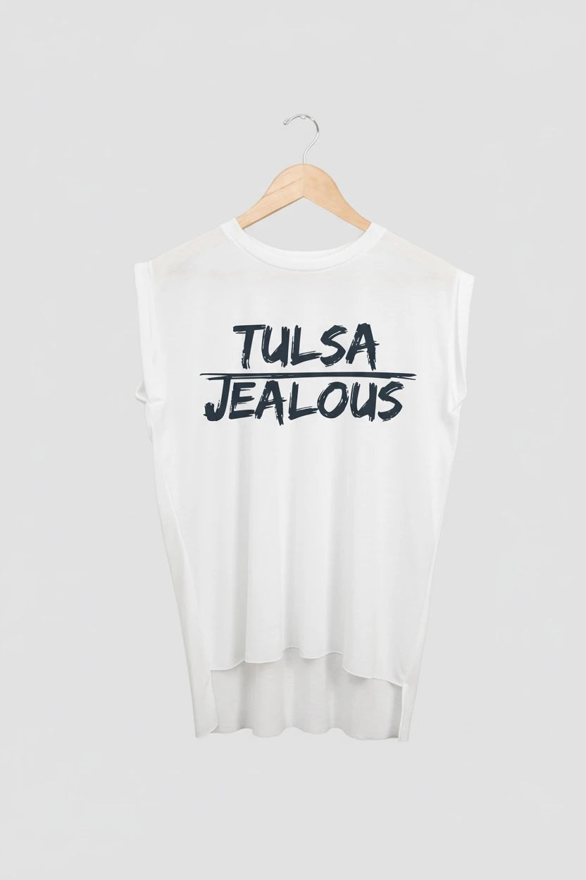 Jealous Tee muscle t-shirt on hanger –TULSA JEALOUS design by JealousTee