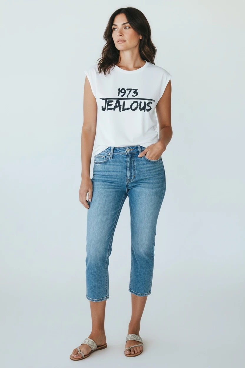 Model in Jealous Tee women's reproductive rights muscle tee with 1973 JEALOUS graphic by JealousTee