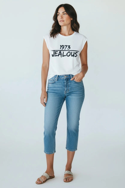 Model in Jealous Tee women's reproductive rights muscle tee with 1973 JEALOUS graphic by JealousTee