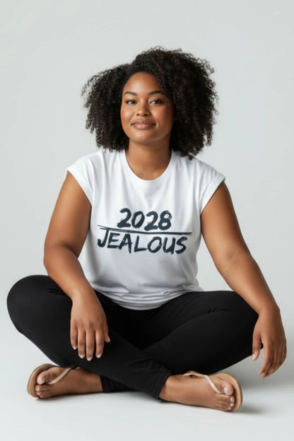 Model wearing Jealous Tee 2028 campaign muscle tee with black leggings
