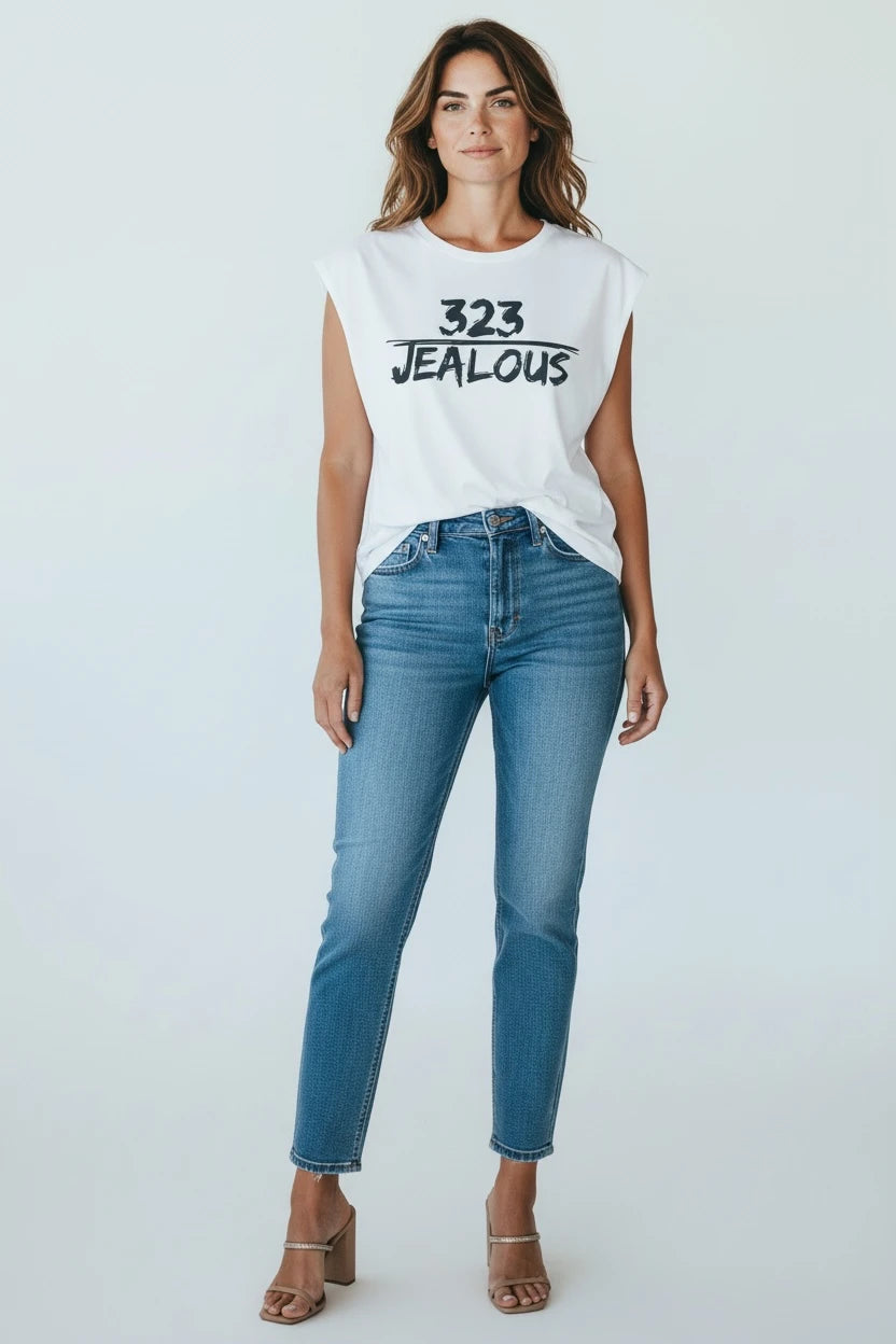 Jealous Tee 323 LA area code muscle tee with jeans