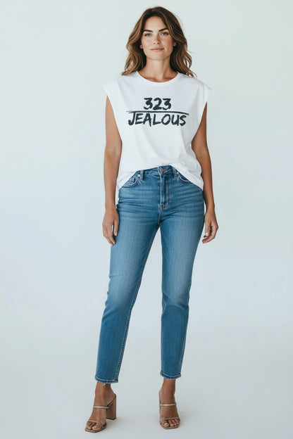 Jealous Tee 323 LA area code muscle tee with jeans