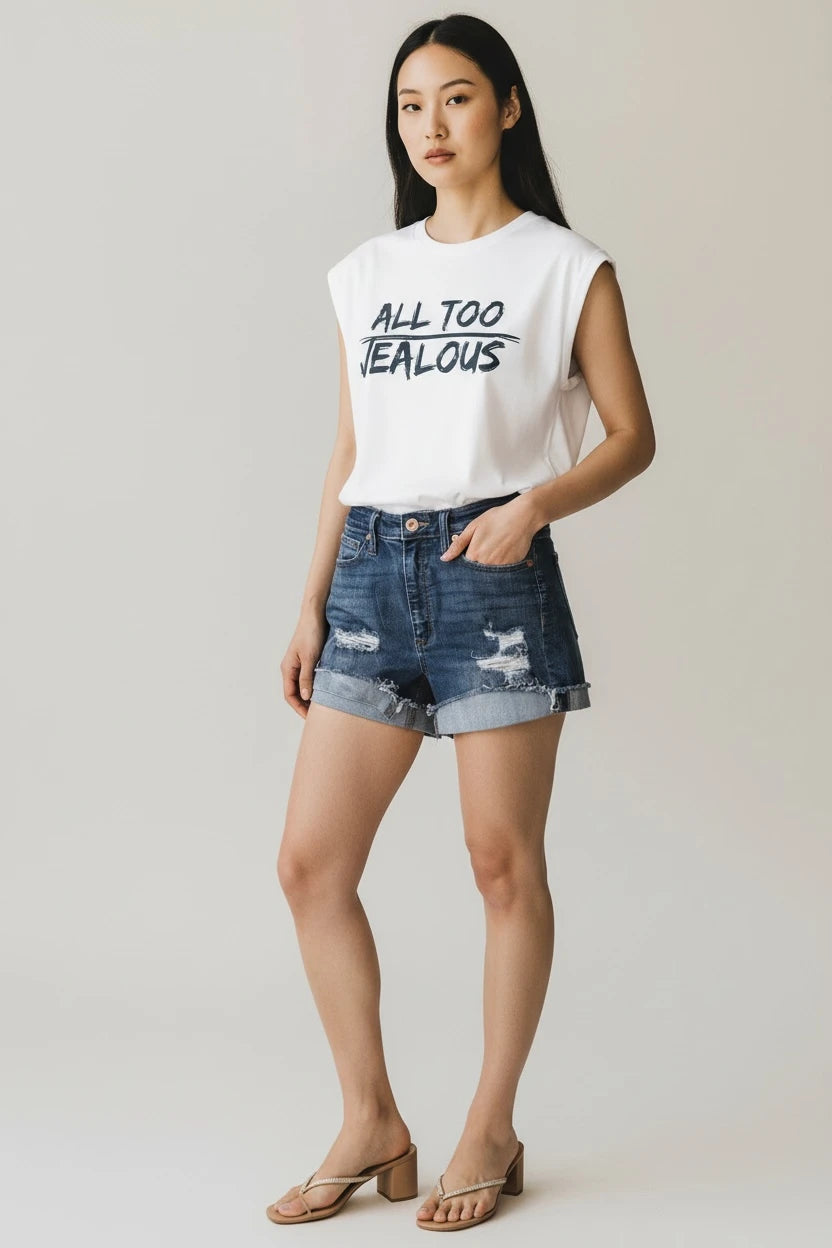 Model wearing Jealous Tee feminist empowerment muscle tee design