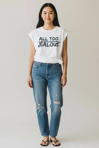 Model wearing Jealous Tee feminist empowerment muscle tee from JealousTee