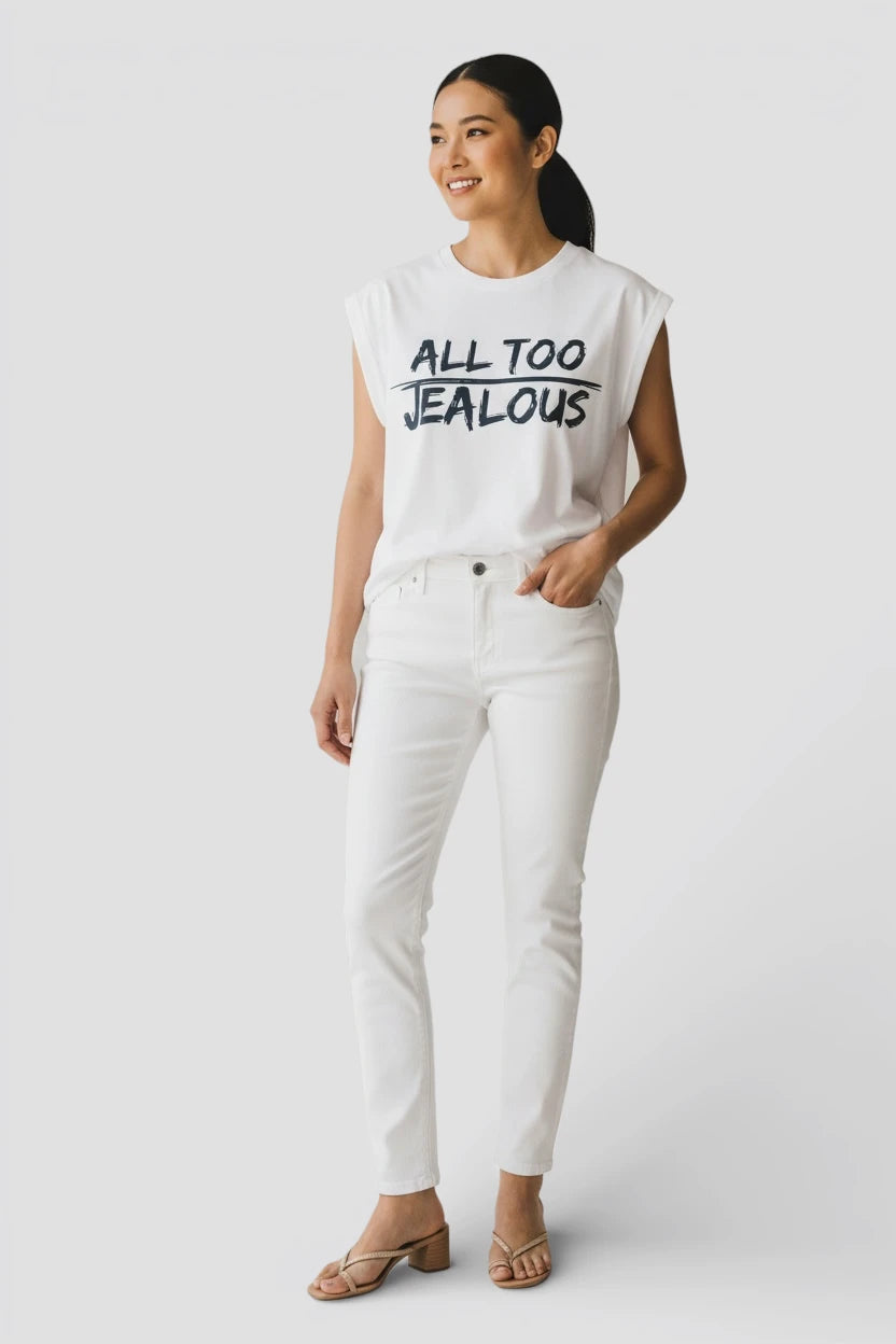 Model wearing empowerment white muscle tee with ALL TOO design by JealousTee