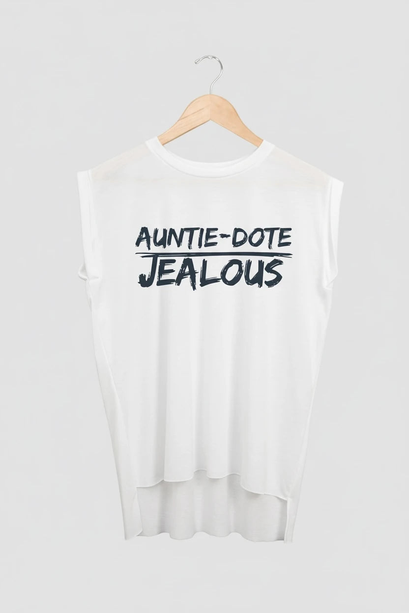 Jealous Tee muscle t-shirt on hanger – AUNTIE-DOTE JEALOUS design by JealousTee