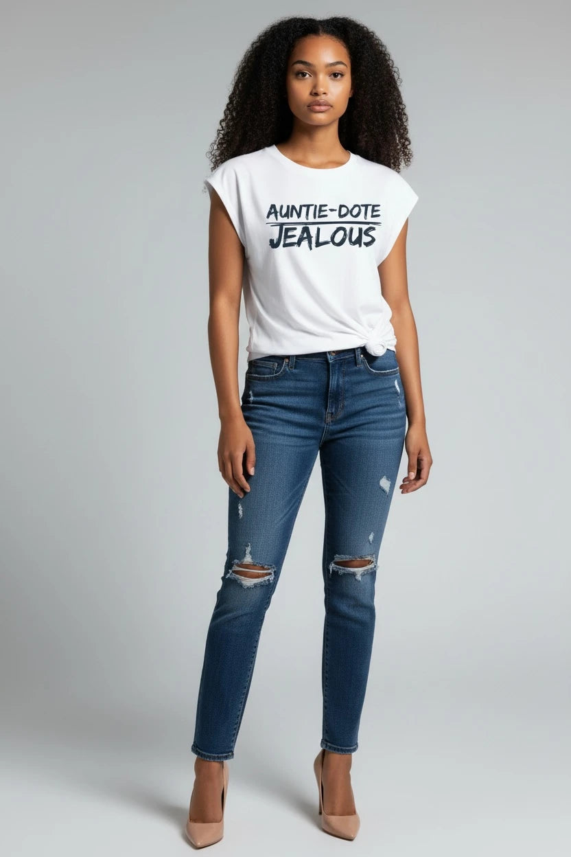 Model wearing Jealous Tee feminist empowerment muscle tee with AUNTIE-DOTE JEALOUS design
