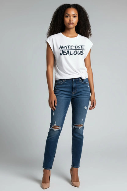 Model wearing Jealous Tee feminist empowerment muscle tee with AUNTIE-DOTE JEALOUS design
