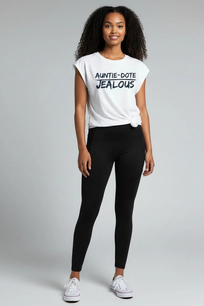 Woman wearing AUNTIE-DOTE JEALOUS progressive muscle tee
