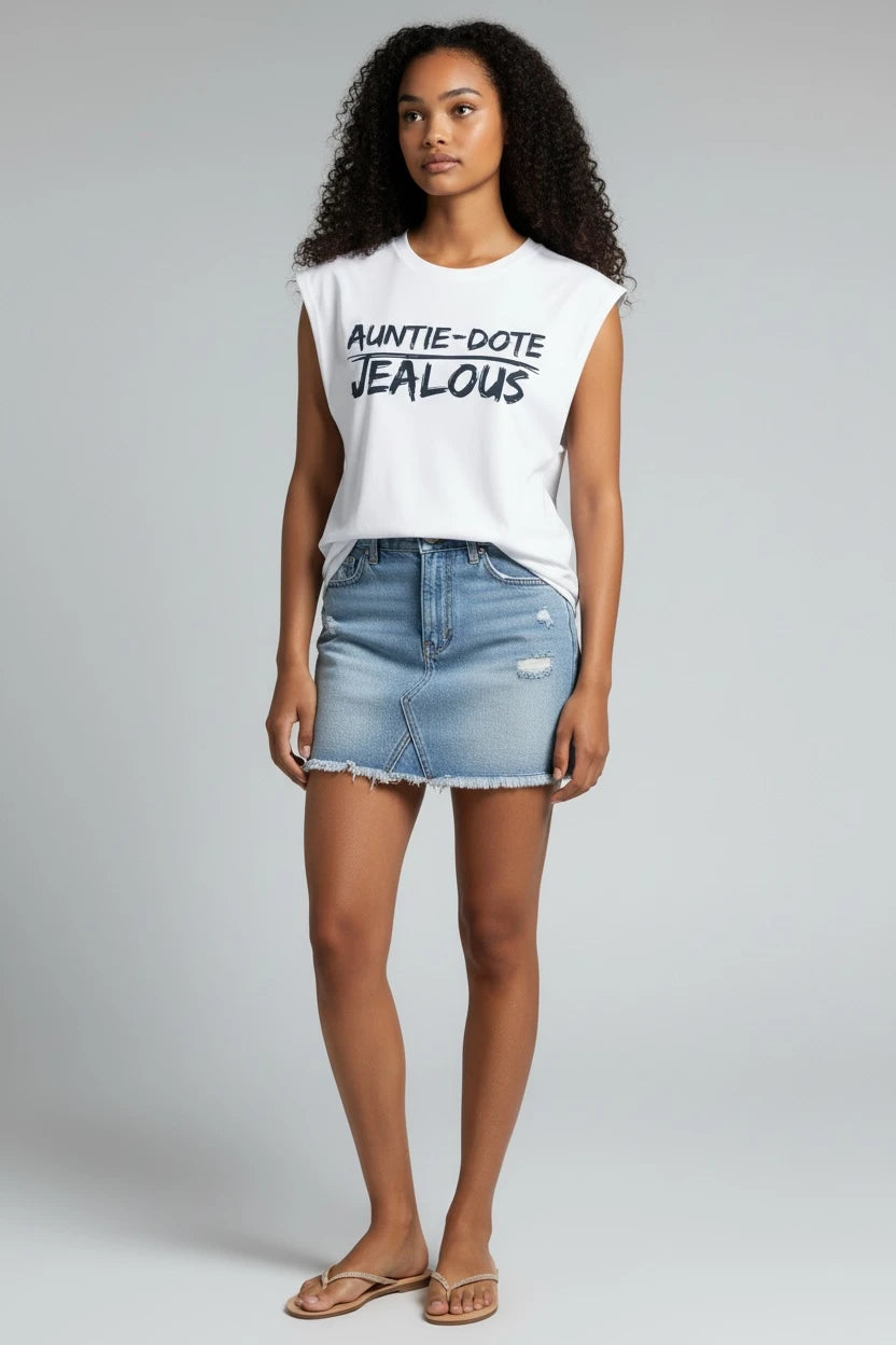 AUNTIE-DOTE JEALOUS progressive white muscle tee with jean skirt
