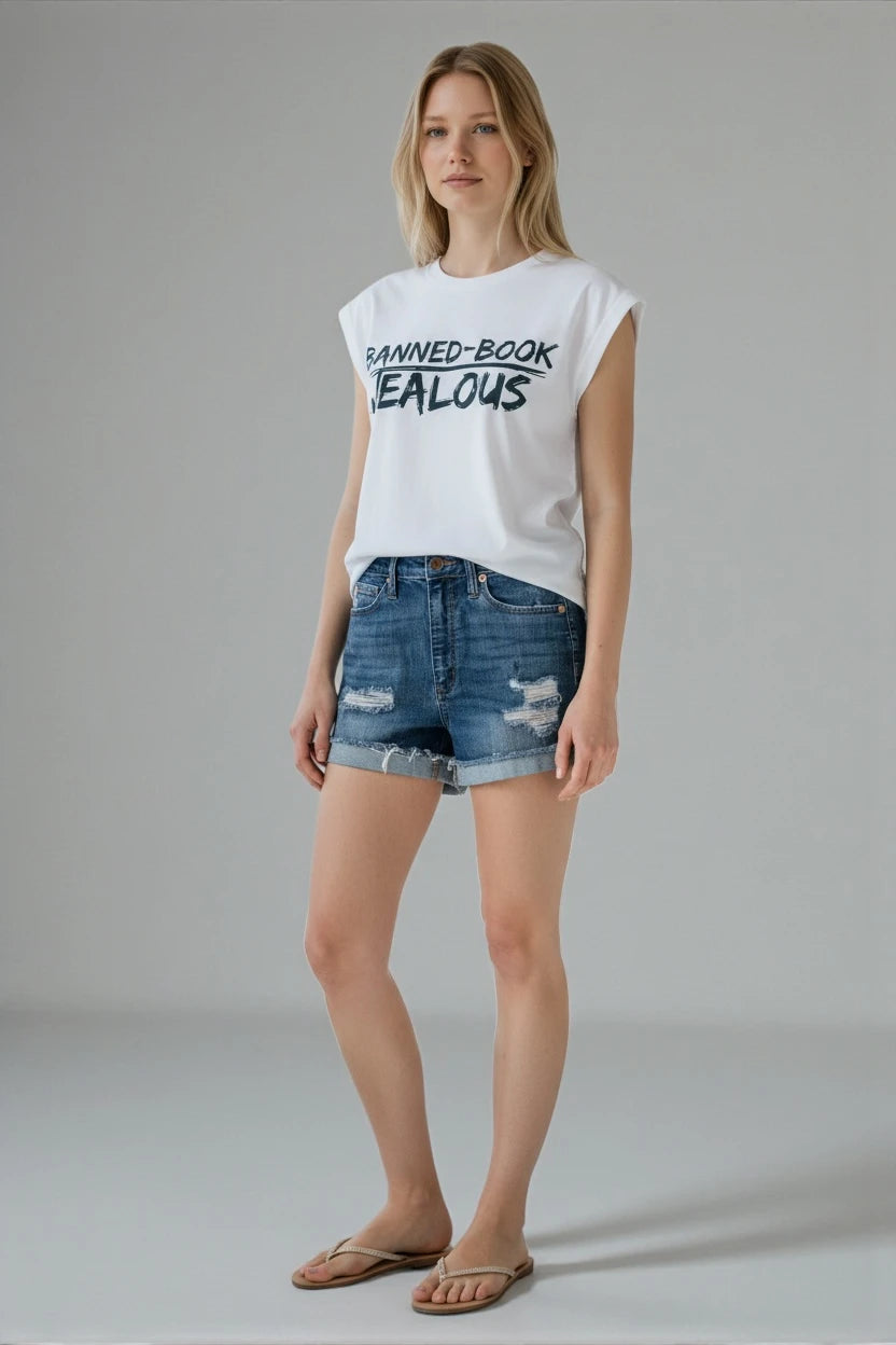 Models wearing BANNED-BOOK JEALOUS progressive library muscle tee and jean shorts