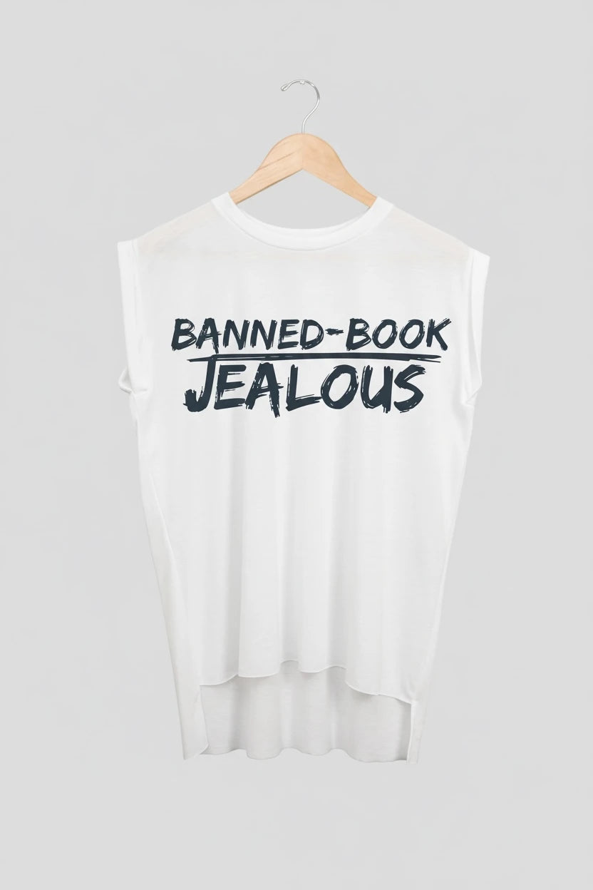 Jealous Tee muscle t-shirt on hanger – BANNED-BOOK JEALOUS design by JealousTee