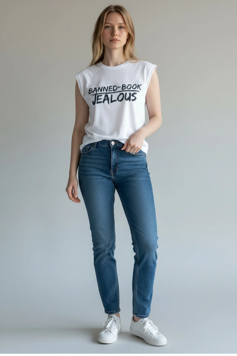 Woman wearing BANNED-BOOK JEALOUS progressive muscle tee 