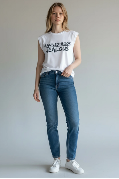 Woman wearing BANNED-BOOK JEALOUS progressive muscle tee 
