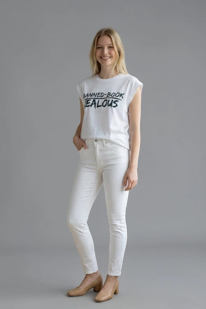 Woman wearing Jealous Tee BANNED-BOOK progressive muscle tee 