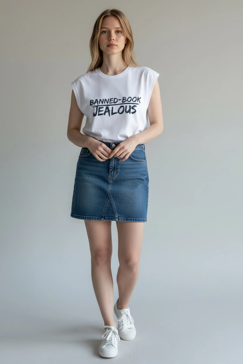 Human rights library white muscle tee with BANNED-BOOK JEALOUS graphic by JealousTee