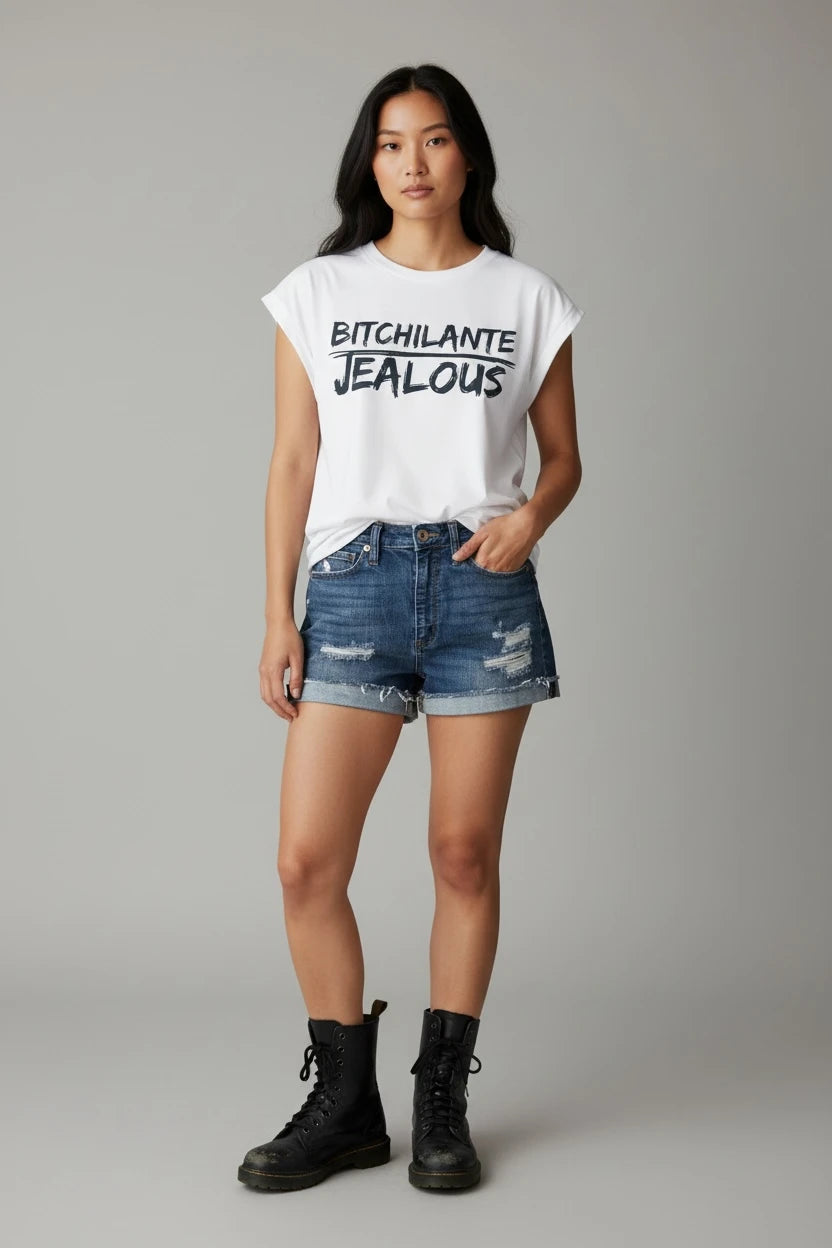 Model wearing Jealous Tee feminist empowerment muscle tee with BITCHILANTE JEALOUS design by JealousTee