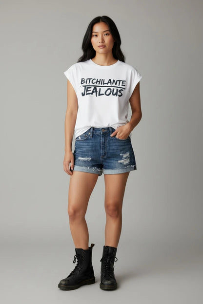 Model wearing Jealous Tee feminist empowerment muscle tee with BITCHILANTE JEALOUS design by JealousTee