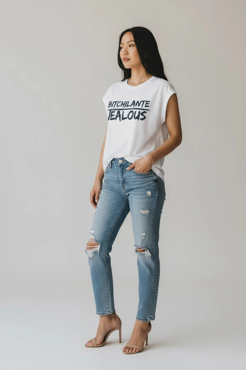 Jealous Tee women's empowerment t-shirt with BITCHILANTE JEALOUS graphic by JealousTee
