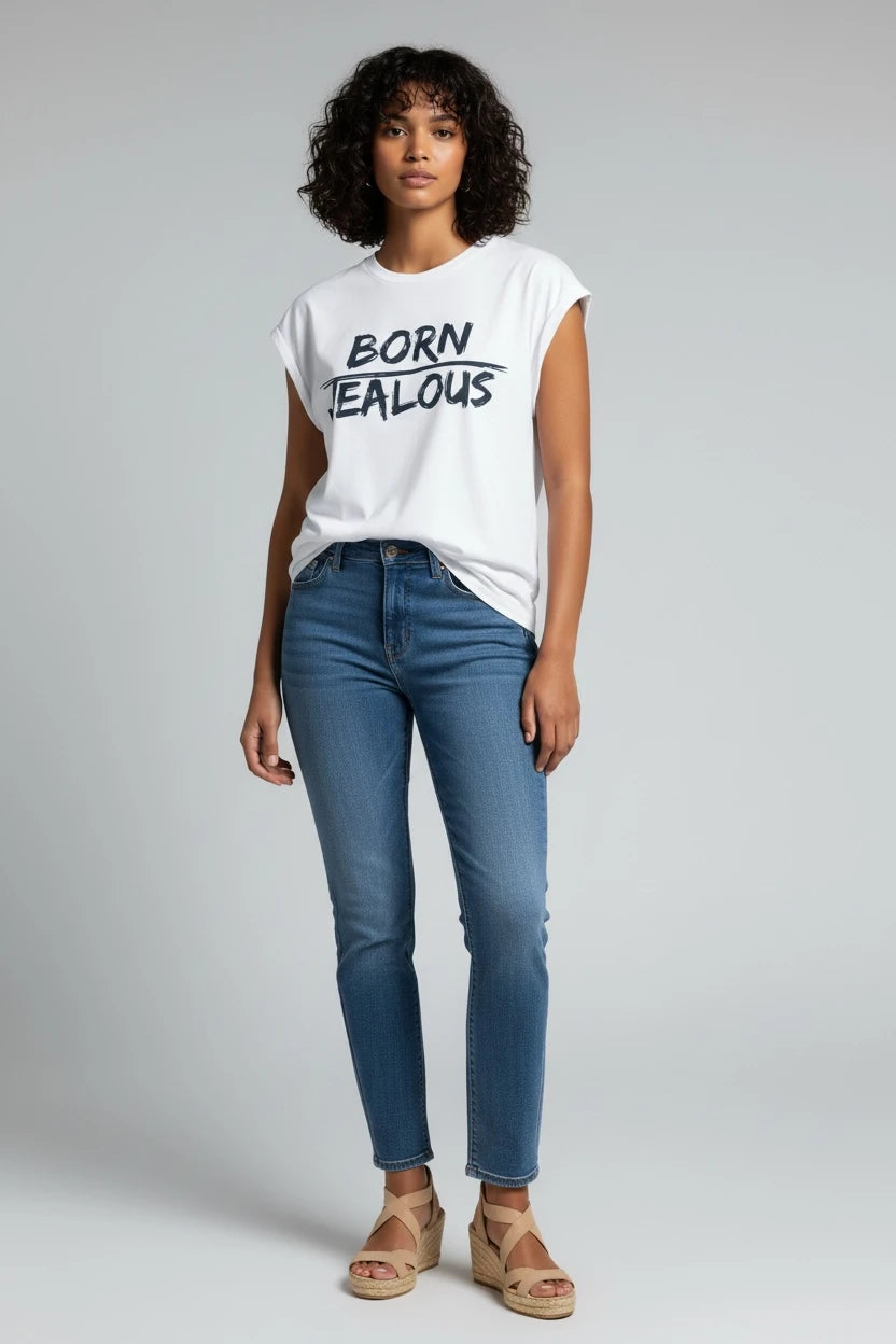 Jealous Tee feminist muscle tee with BORN JEALOUS front design by JealousTee