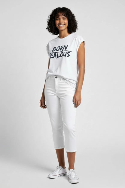 Equality empowerment white muscle tee with BORN JEALOUS text across front