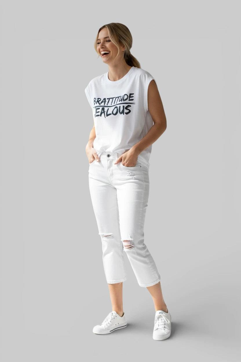 Jealous Tee feminist empowerment white muscle tee BRATTITUDE design from JealousTee 