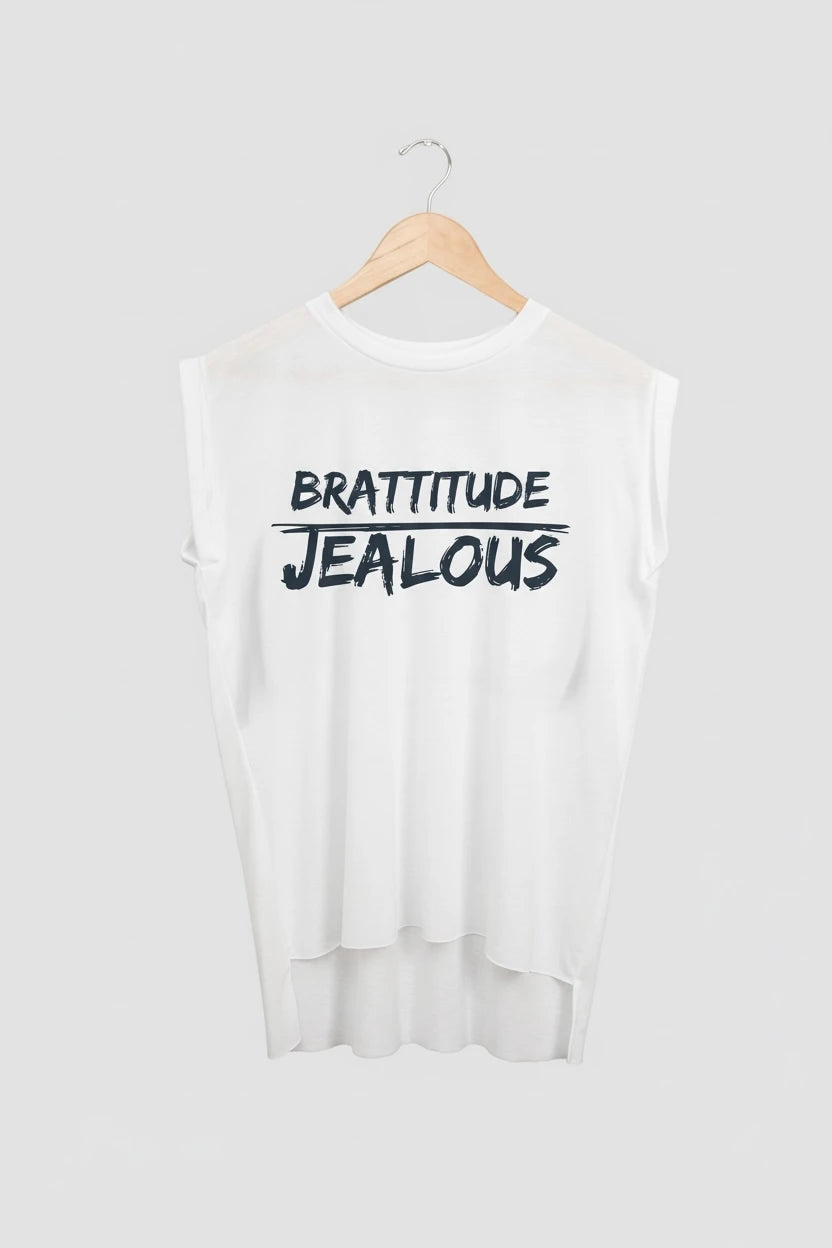 Jealous Tee muscle t-shirt on hanger – BRATTITUDE JEALOUS design by JealousTee