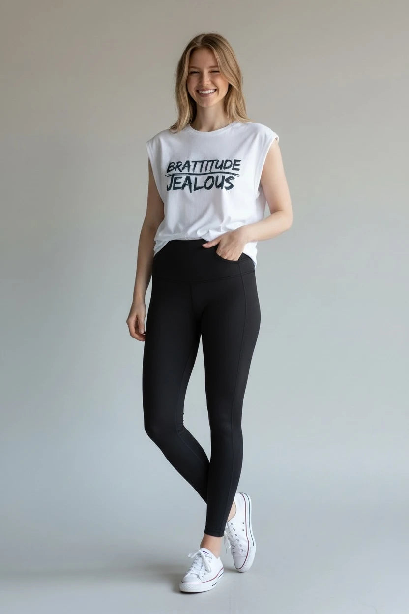 Women's empowerment white muscle tee with BRATTITUDE JEALOUS design