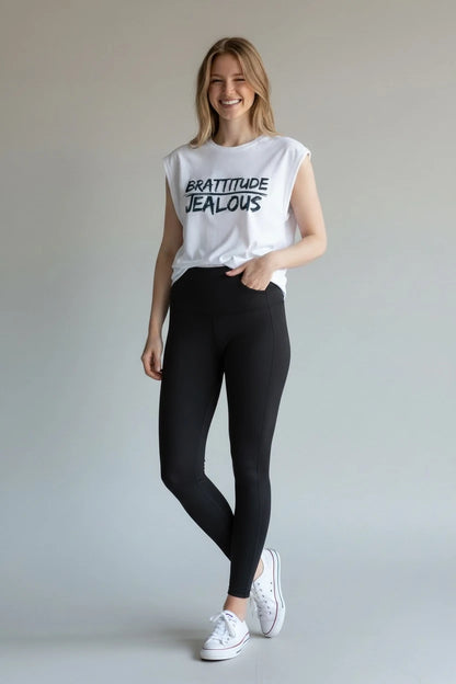 Women's empowerment white muscle tee with BRATTITUDE JEALOUS design