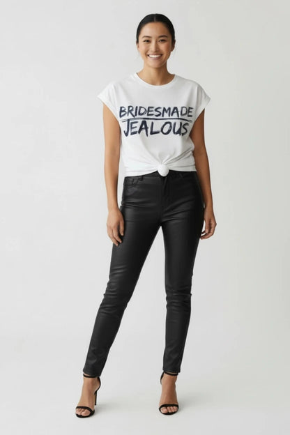 Jealous Tee white t-shirt and black leather pants with BRIDESMADE JEALOUS design by JealousTee