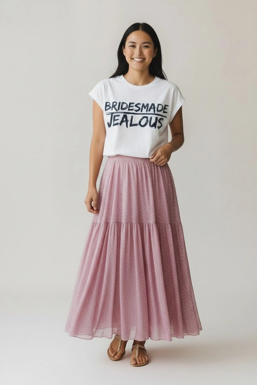 Woman wearing a BRIDESMADE JEALOUS feminist empowerment muscle tee