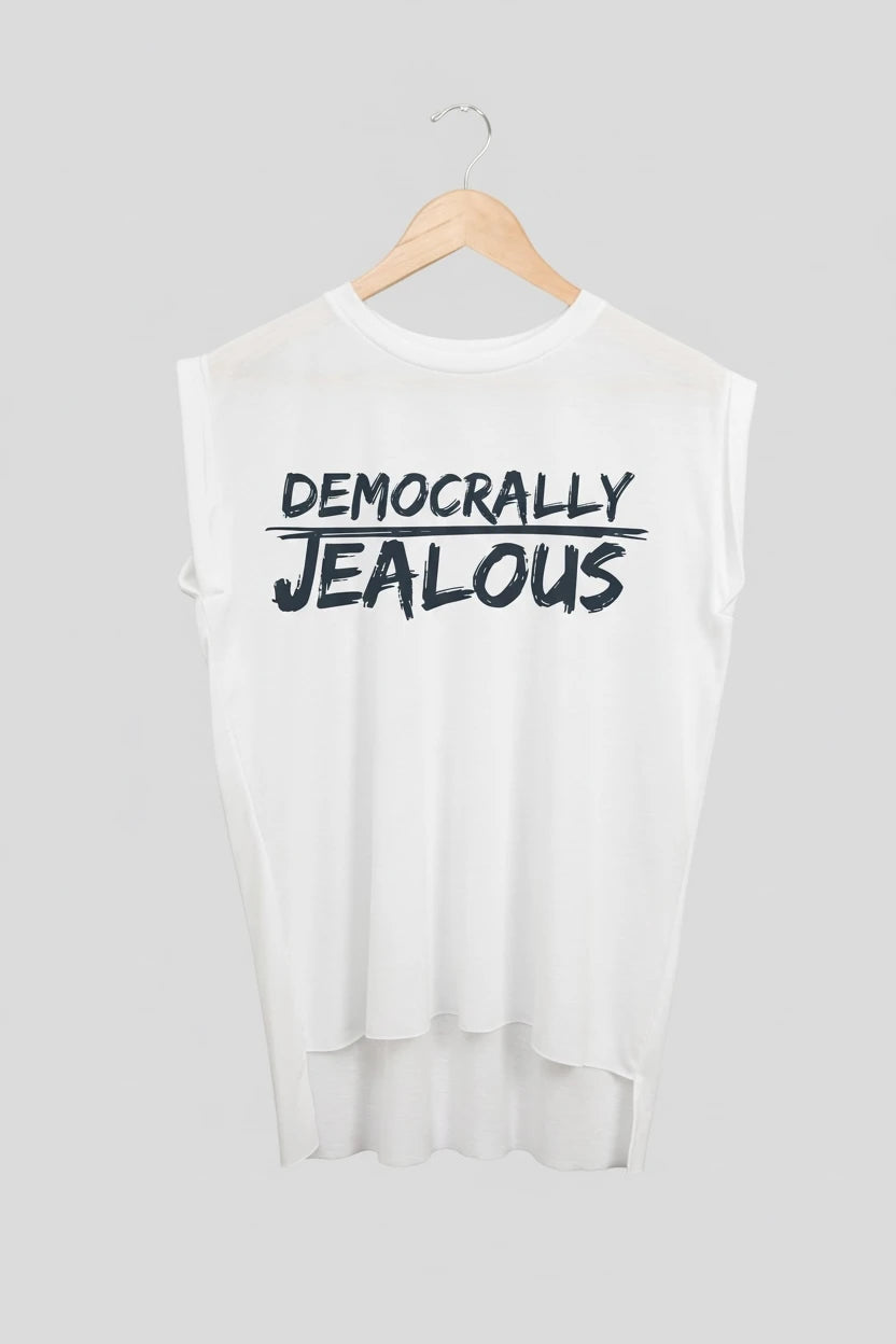 Jealous Tee muscle t-shirt on hanger – DEMOCRALLY JEALOUS design by JealousTee