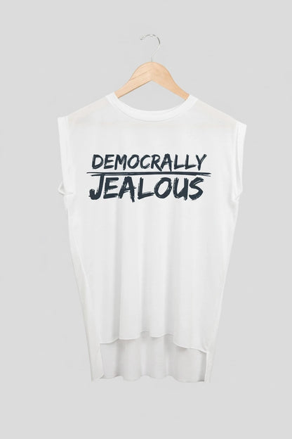 Jealous Tee muscle t-shirt on hanger – DEMOCRALLY JEALOUS design by JealousTee