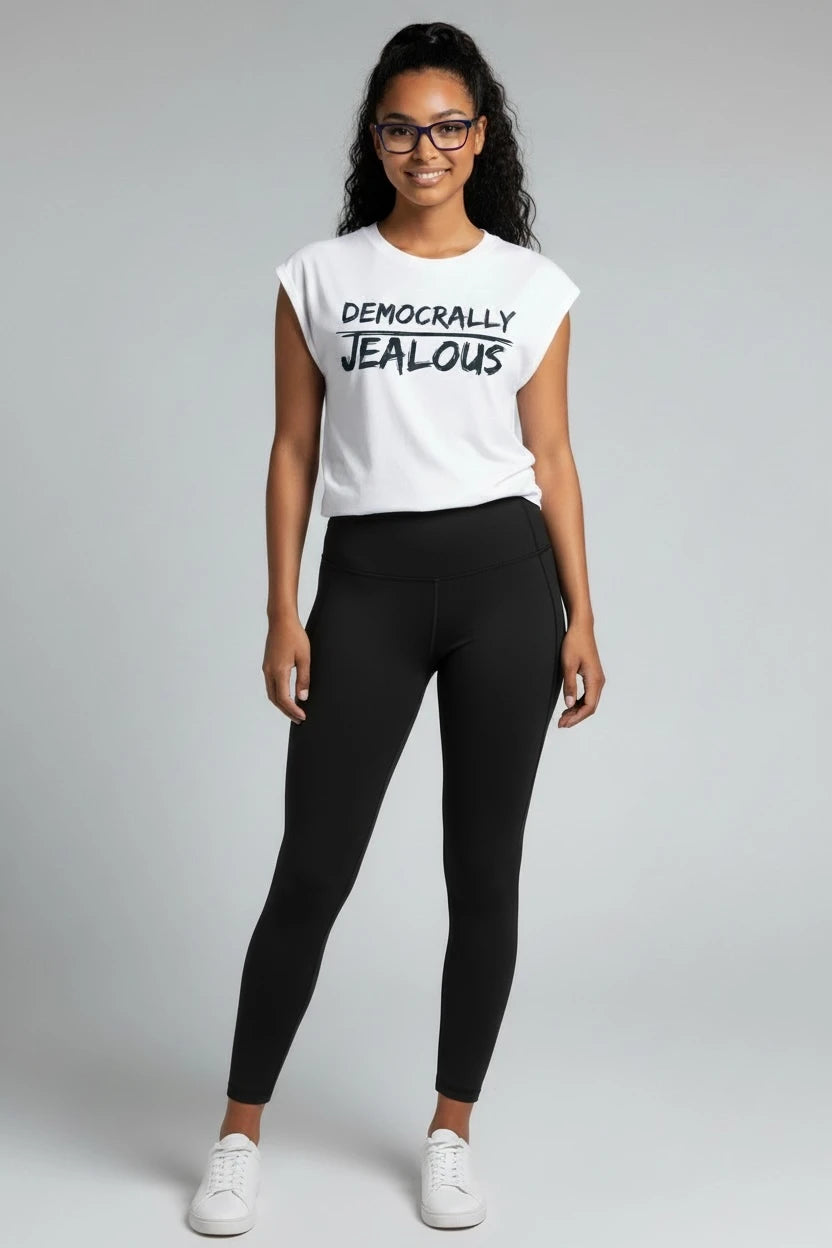 Progressive liberal American white muscle tee with DEMOCRALLY JEALOUS graphic