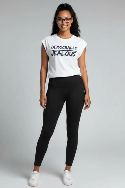 Progressive liberal American white muscle tee with DEMOCRALLY JEALOUS graphic
