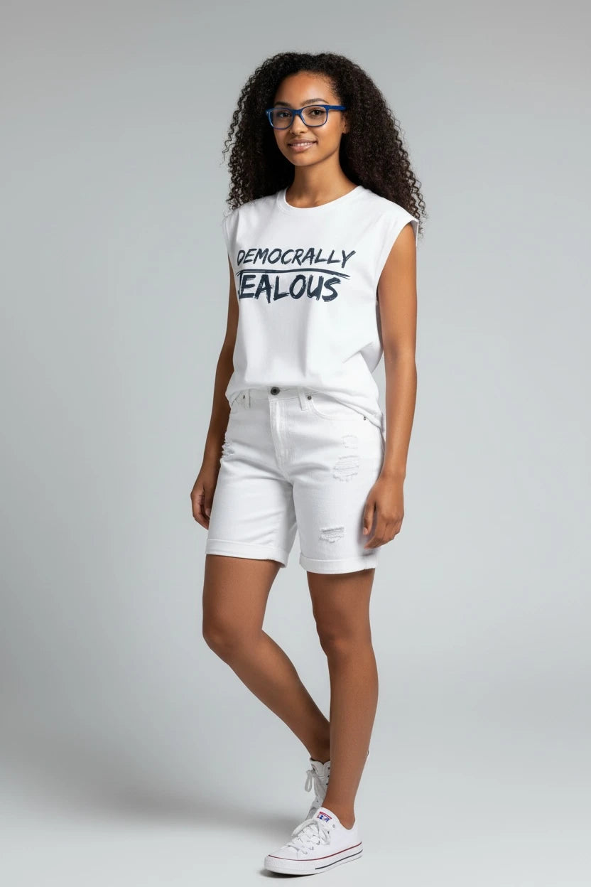 Model wearing Jealous Tee progressive empowerment muscle tee with DEMOCRALLY JEALOUS design by JealousTee
