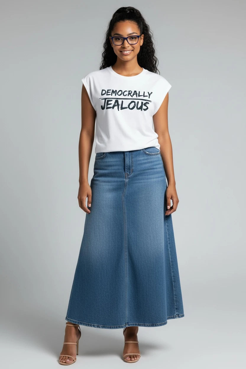 Woman wearing DEMOCRALLY JEALOUS progressive muscle tee and jean skirt