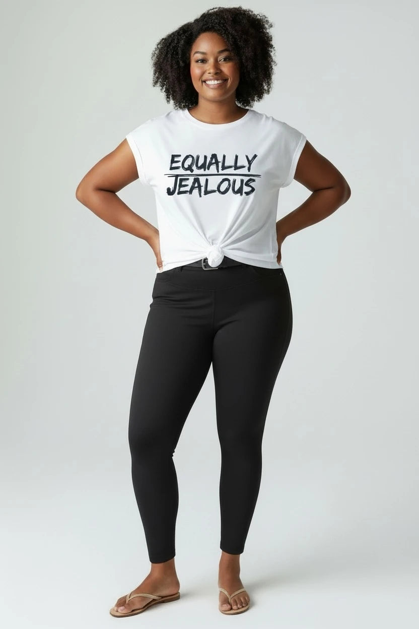 Model in Jealous Tee feminist muscle tee with EQUALLY JEALOUS design by  JealousTee