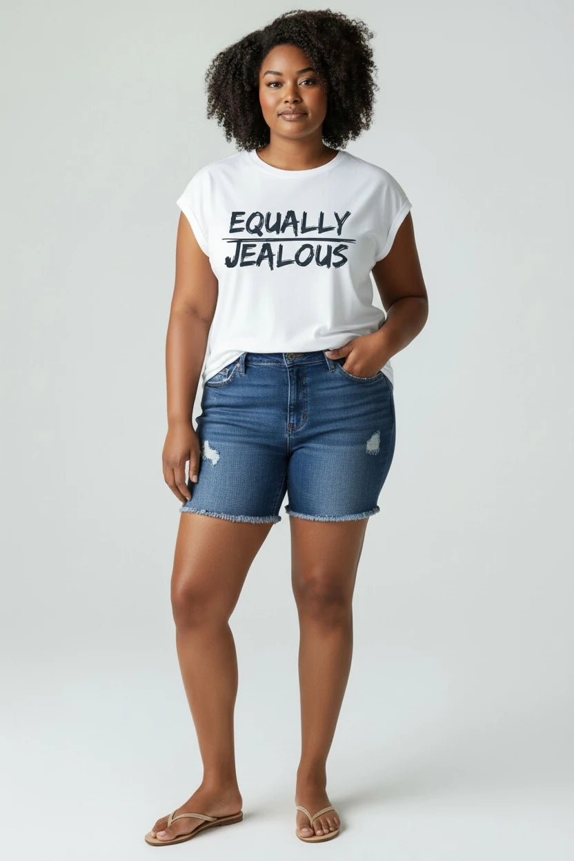 Equality empowerment white muscle tee with EQUALLY JEALOUS graphic