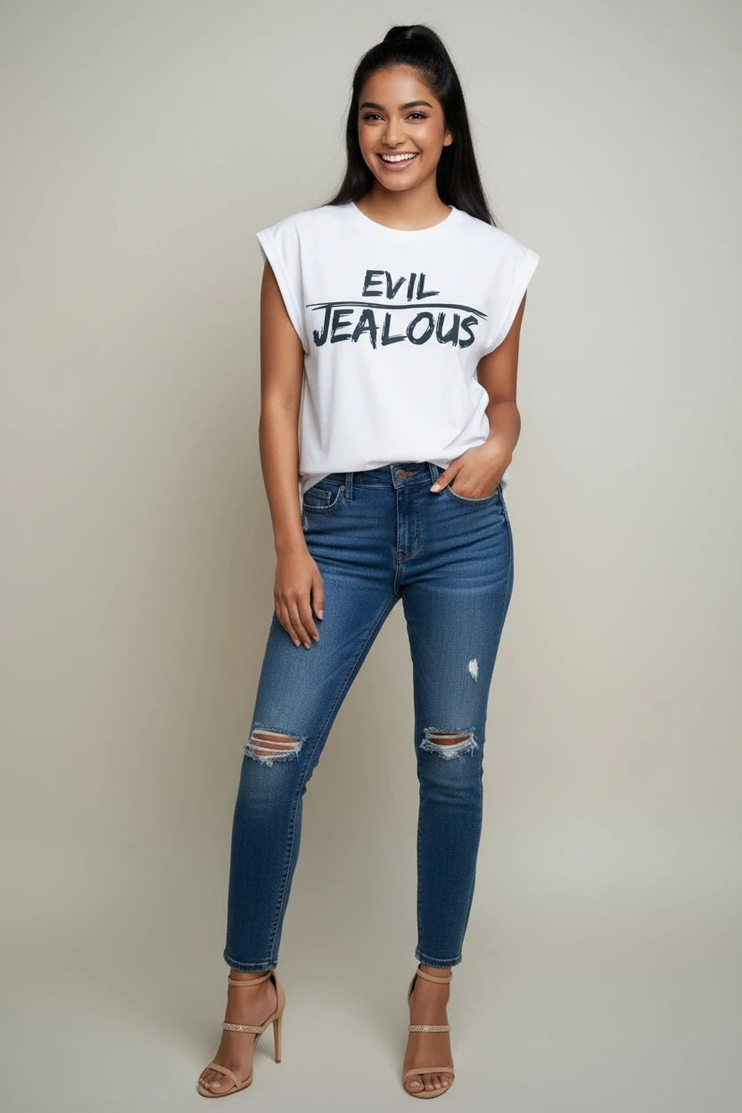 Model wearing EVIL JEALOUS progressive muscle tee in white with jeans 