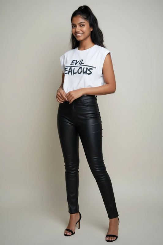 Woman wearing EVIL JEALOUS progressive muscle tee