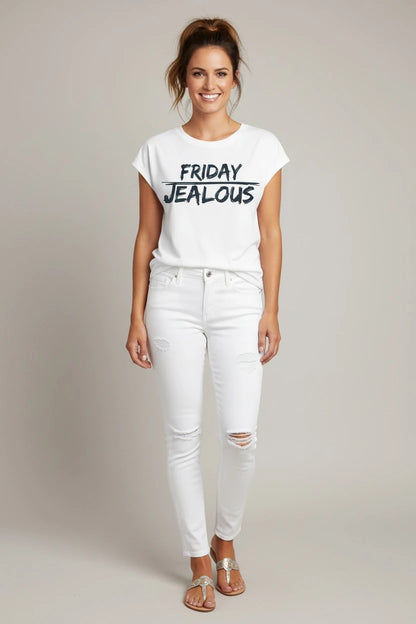 Model wearing a white muscle t-shirt with FRIDAY JEALOUS design