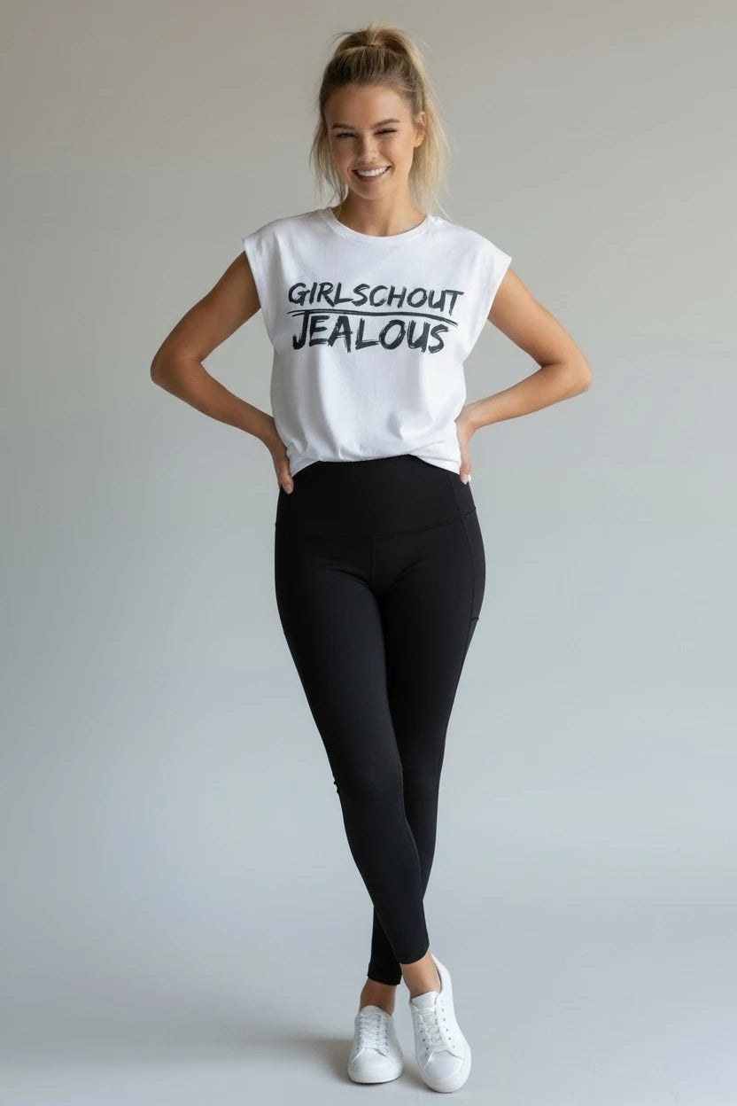 Model wearing Jealous Tee feminist empowerment muscle tee with GIRLSCHOUT JEALOUS design