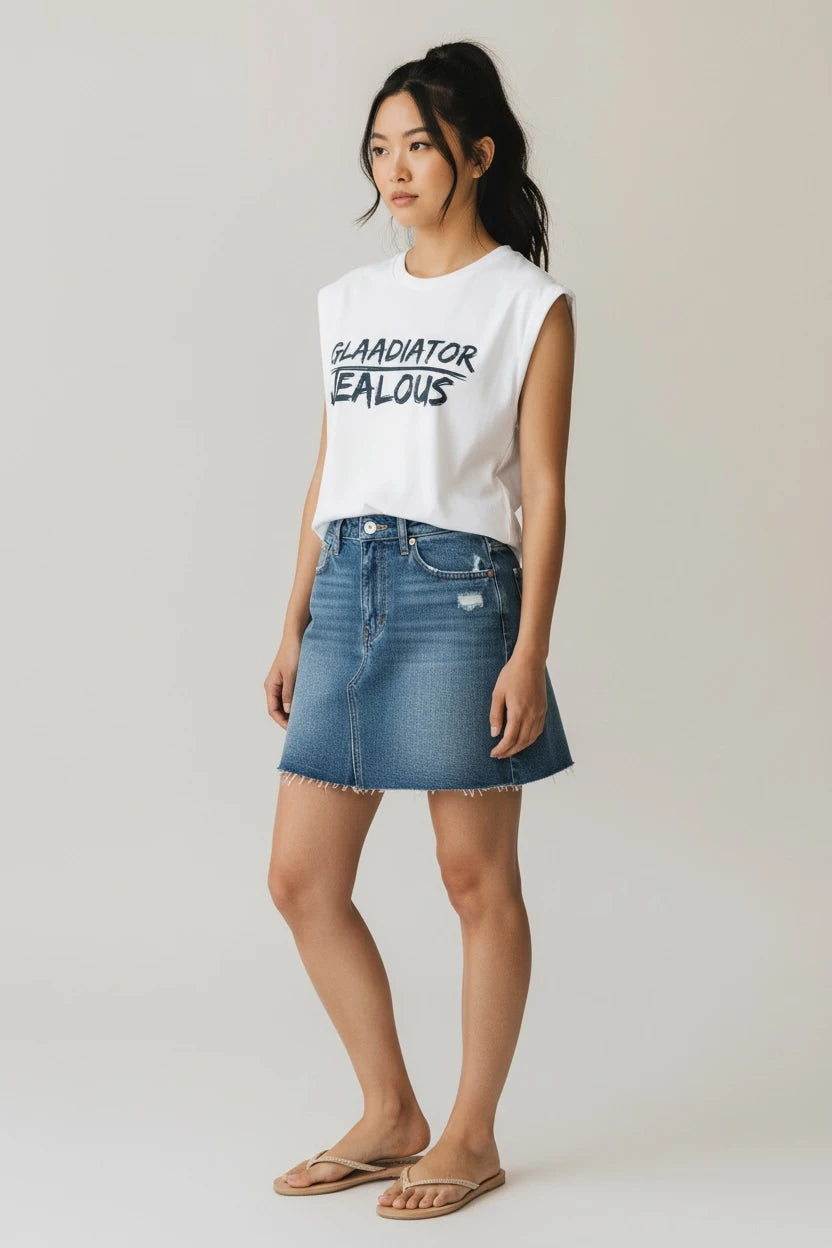 Woman wearing GLAADIATOR JEALOUS equality and human rights progressive muscle tee and jean skirt
