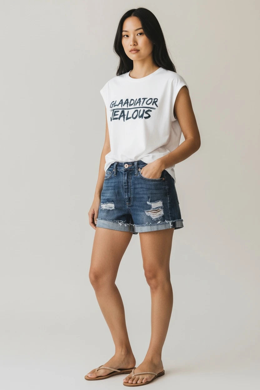 Equality empowerment white muscle tee with GLAADIATOR JEALOUS graphic