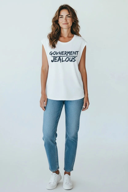 Woman wearing GOVHERMENT JEALOUS women's progressive muscle tee 
